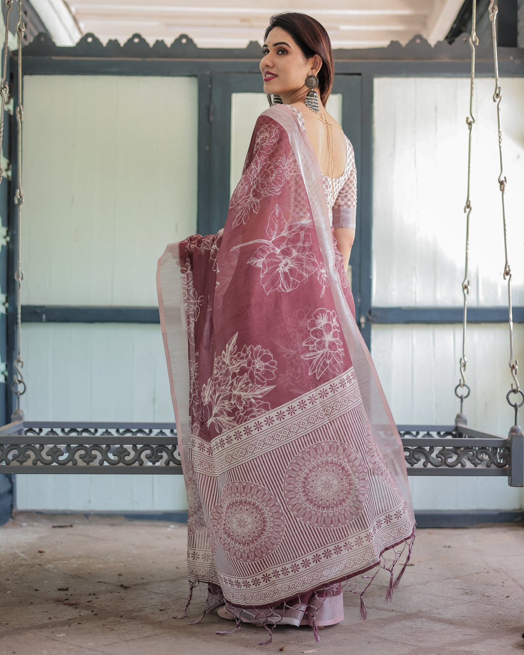 Maroon Floral Printed Pure Cotton Linen Saree with Blouse and Tassels LINEN