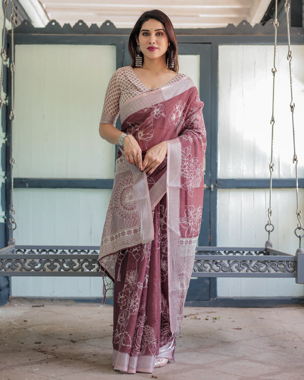 Maroon Floral Printed Pure Cotton Linen Saree with Blouse and Tassels LINEN
