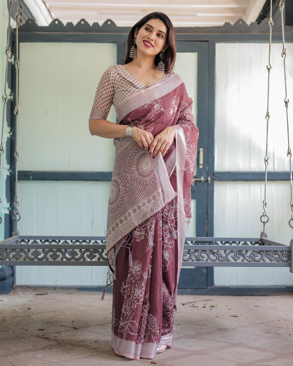 Maroon Floral Printed Pure Cotton Linen Saree with Blouse and Tassels LINEN