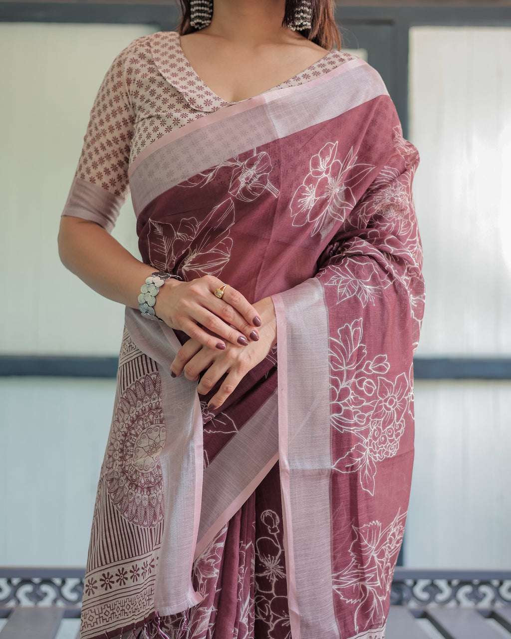 Maroon Floral Printed Pure Cotton Linen Saree with Blouse and Tassels LINEN