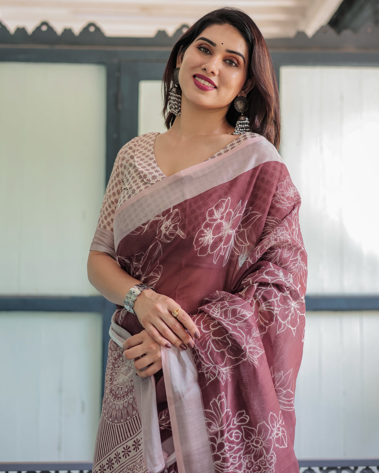 Maroon Floral Printed Pure Cotton Linen Saree with Blouse and Tassels LINEN
