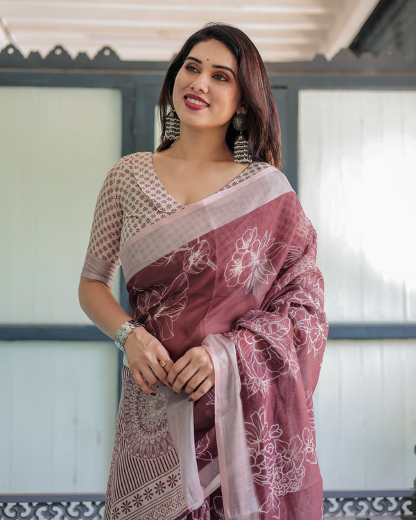 Maroon Floral Printed Pure Cotton Linen Saree with Blouse and Tassels LINEN