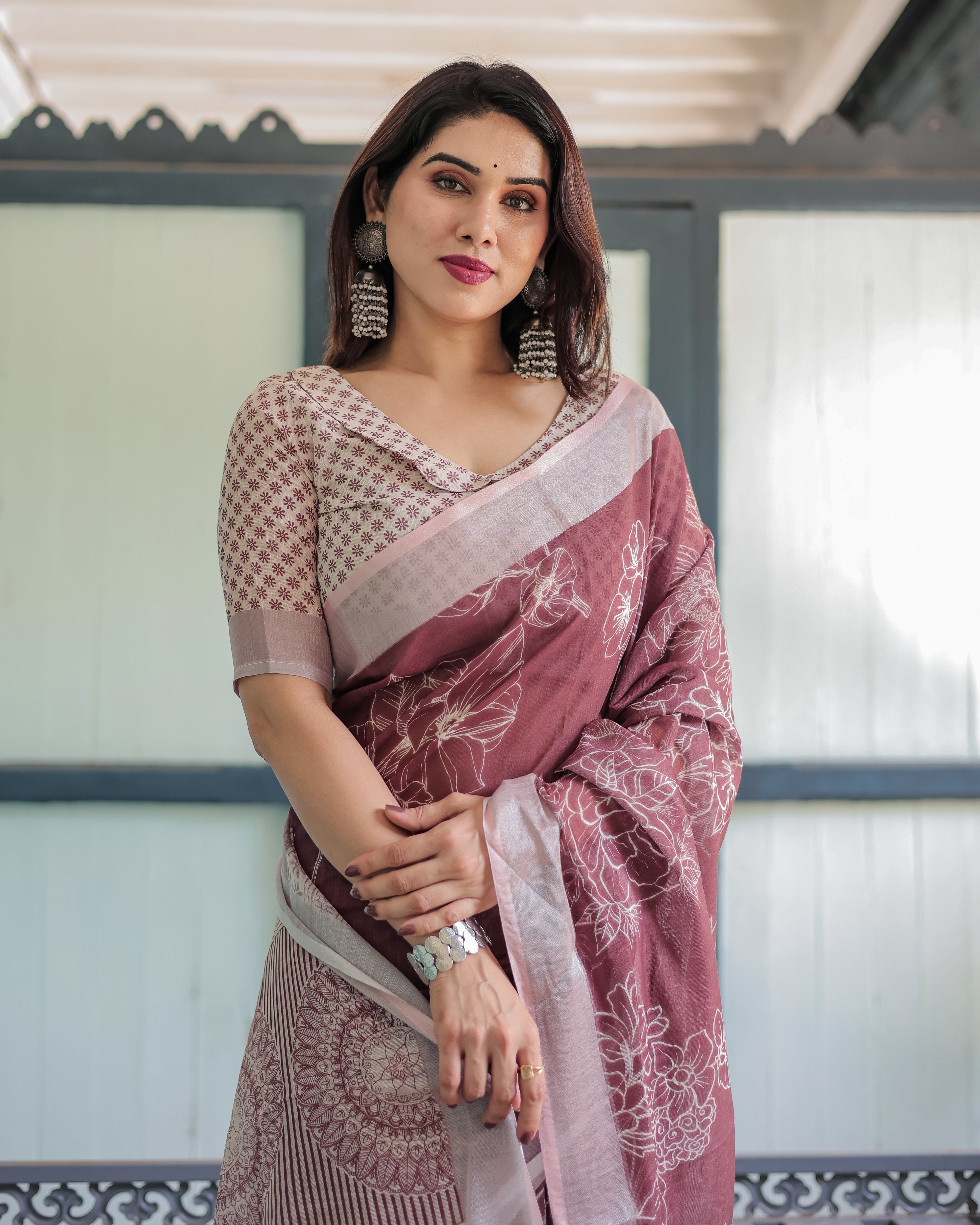 Maroon Floral Printed Pure Cotton Linen Saree with Blouse and Tassels LINEN