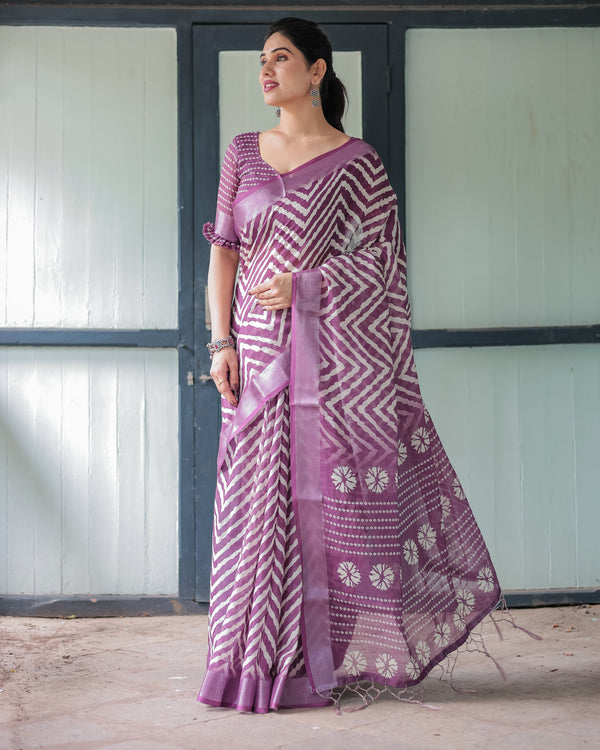 Purple and White Zigzag Patterned Pure Cotton Linen Saree with Blouse and Tassel Edges LINEN