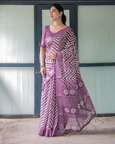 Purple and White Zigzag Patterned Pure Cotton Linen Saree with Blouse and Tassel Edges LINEN