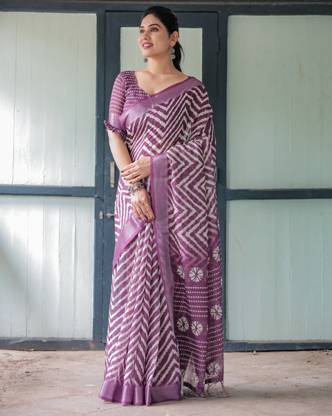 Purple and White Zigzag Patterned Pure Cotton Linen Saree with Blouse and Tassel Edges LINEN Main image