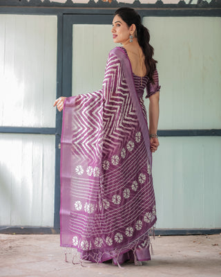 Purple and White Zigzag Patterned Pure Cotton Linen Saree with Blouse and Tassel Edges LINEN