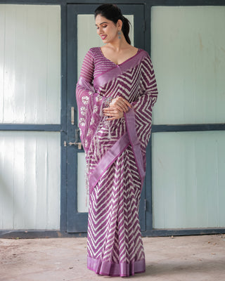 Purple and White Zigzag Patterned Pure Cotton Linen Saree with Blouse and Tassel Edges LINEN