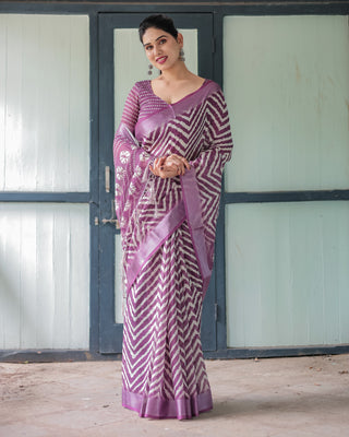 Purple and White Zigzag Patterned Pure Cotton Linen Saree with Blouse and Tassel Edges LINEN