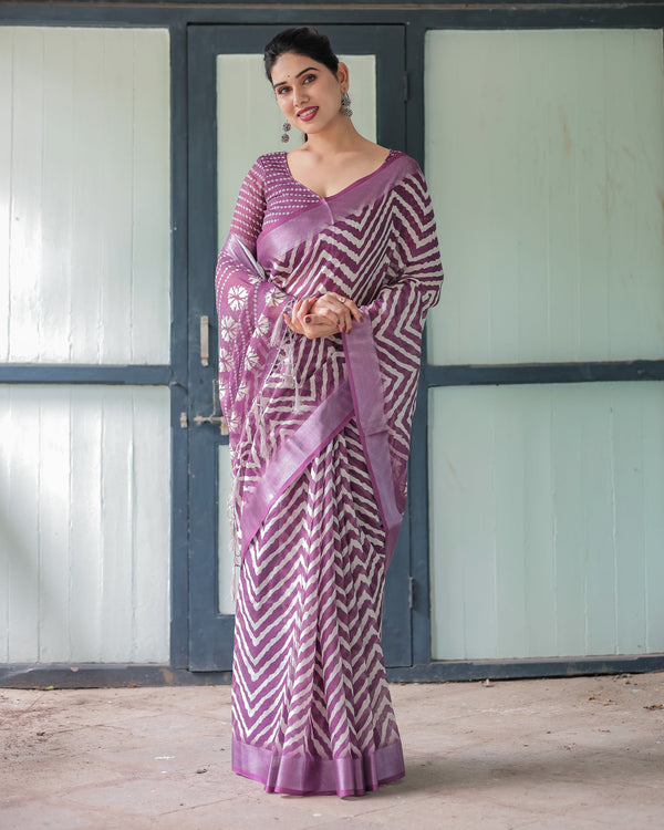 Purple and White Zigzag Patterned Pure Cotton Linen Saree with Blouse and Tassel Edges LINEN
