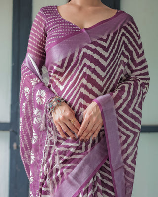 Purple and White Zigzag Patterned Pure Cotton Linen Saree with Blouse and Tassel Edges LINEN