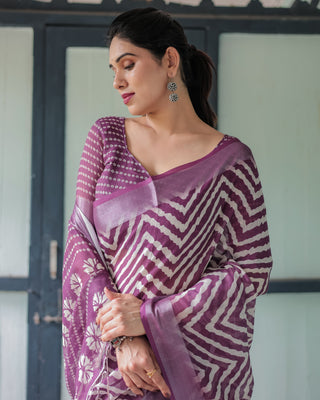 Purple and White Zigzag Patterned Pure Cotton Linen Saree with Blouse and Tassel Edges LINEN