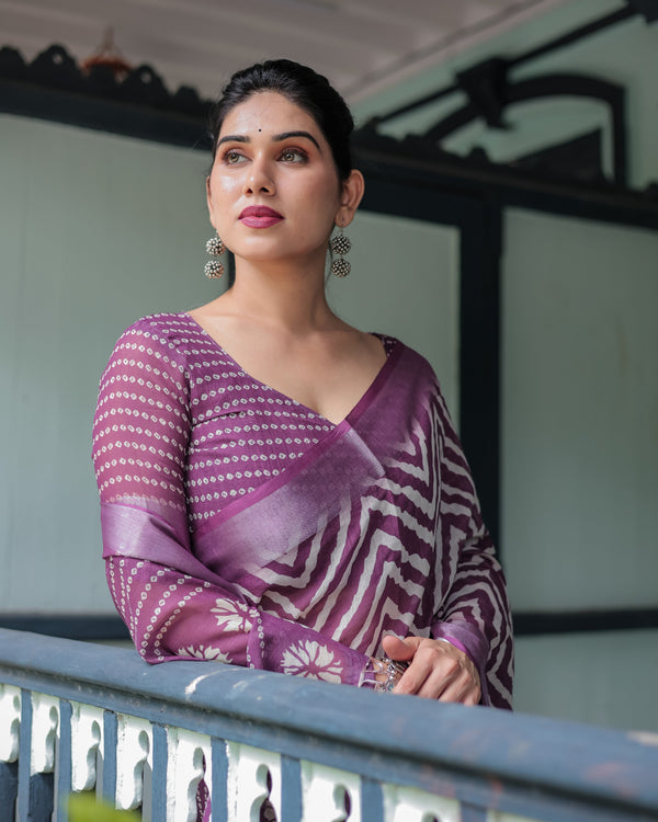Purple and White Zigzag Patterned Pure Cotton Linen Saree with Blouse and Tassel Edges LINEN