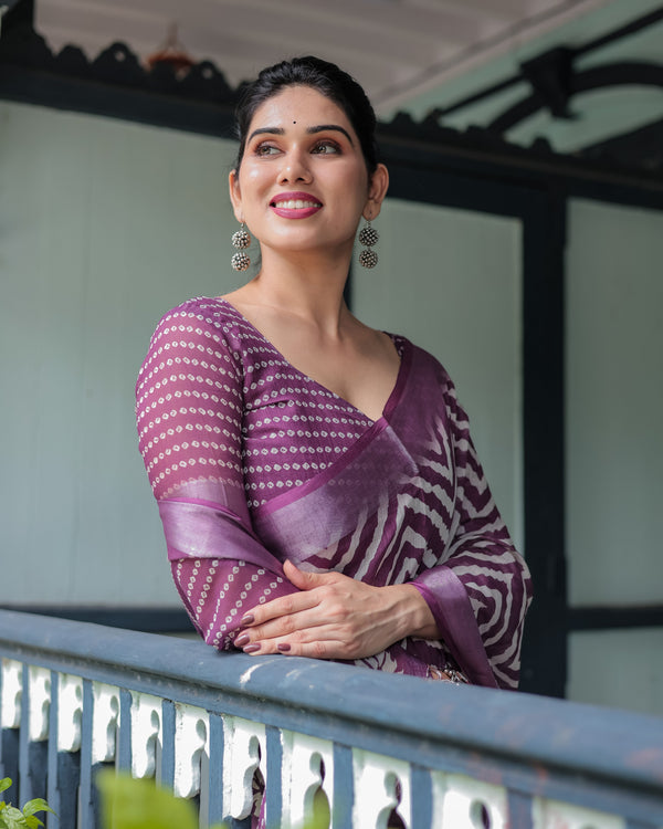 Purple and White Zigzag Patterned Pure Cotton Linen Saree with Blouse and Tassel Edges LINEN
