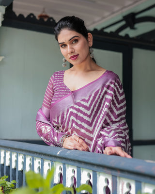 Purple and White Zigzag Patterned Pure Cotton Linen Saree with Blouse and Tassel Edges LINEN