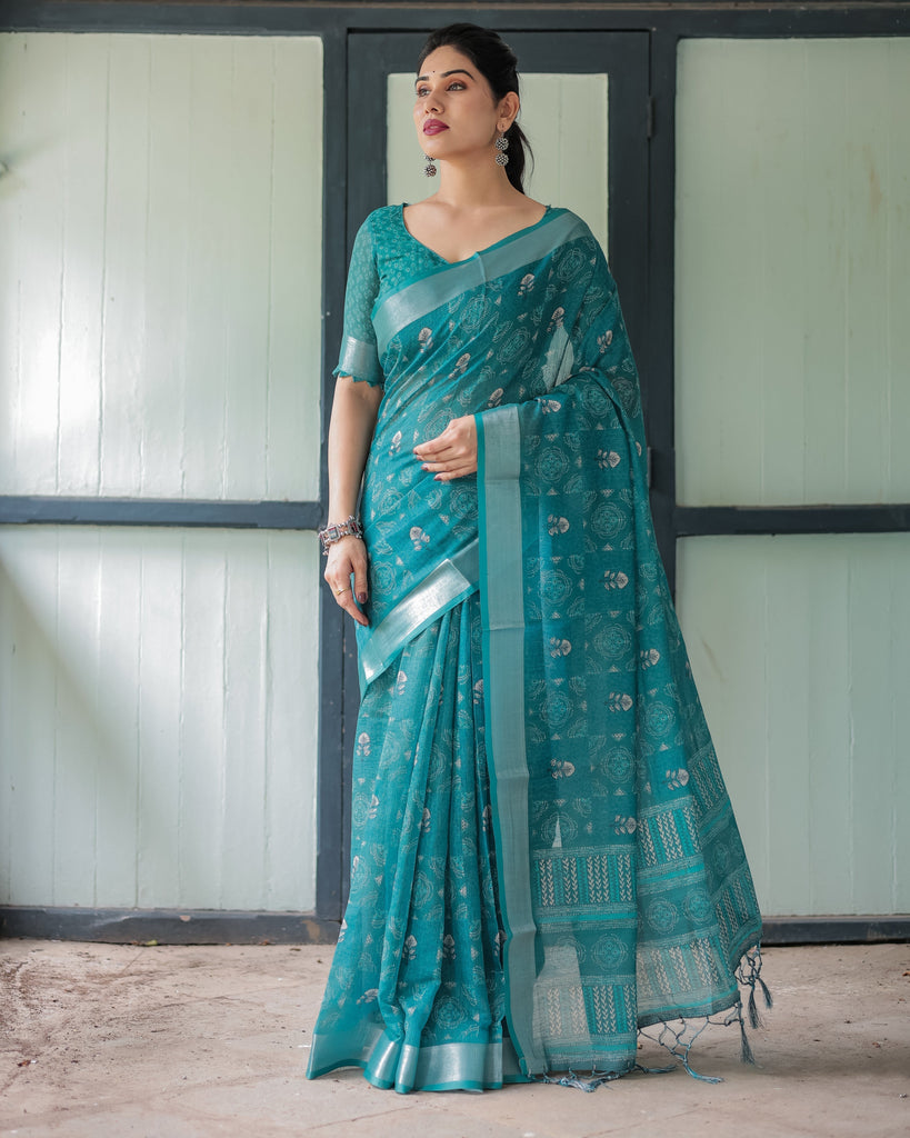 Teal Green Pure Cotton Linen Saree with Silver Floral Motifs and Tassels LINEN