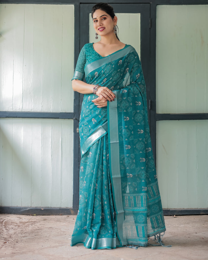 Teal Green Pure Cotton Linen Saree with Silver Floral Motifs and Tassels LINEN