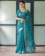 Load image into Gallery viewer, Teal Green Pure Cotton Linen Saree with Silver Floral Motifs and Tassels LINEN