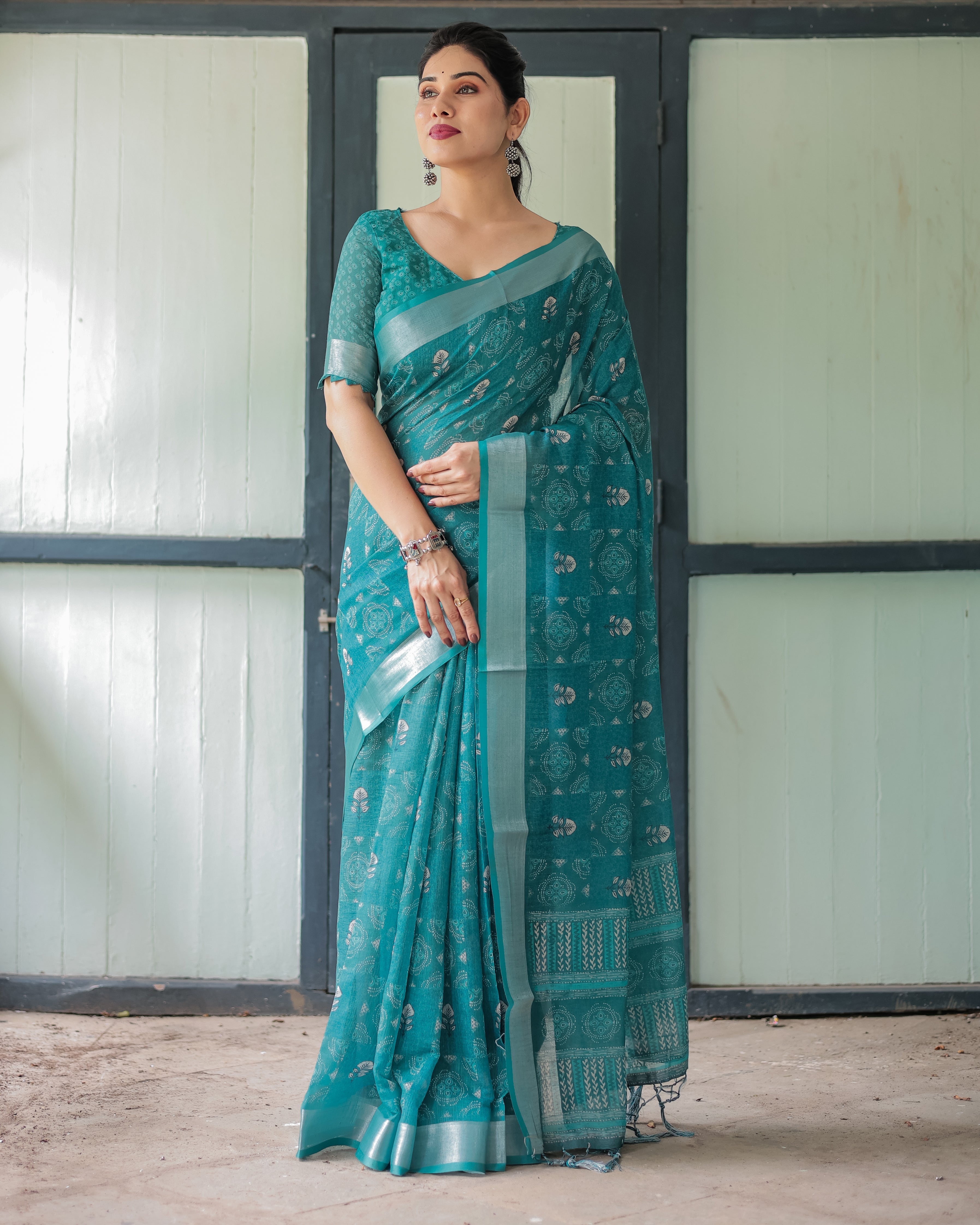 Teal Green Pure Cotton Linen Saree with Silver Floral Motifs and Tassels Secondary image