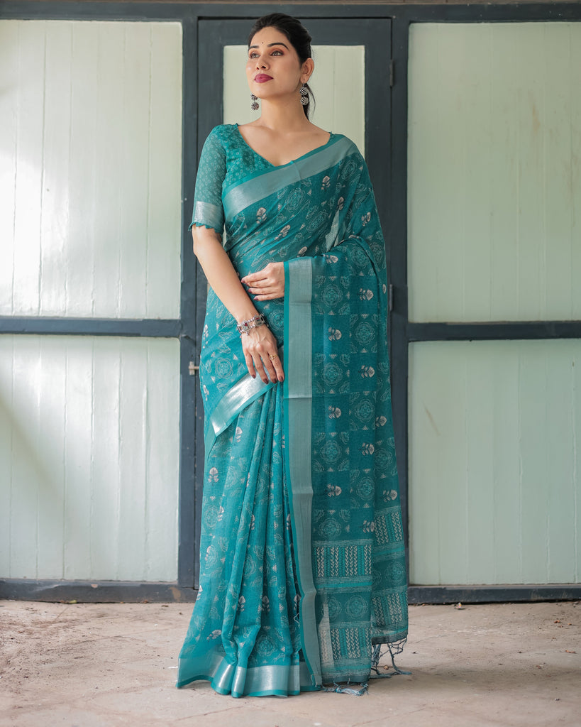 Teal Green Pure Cotton Linen Saree with Silver Floral Motifs and Tassels LINEN