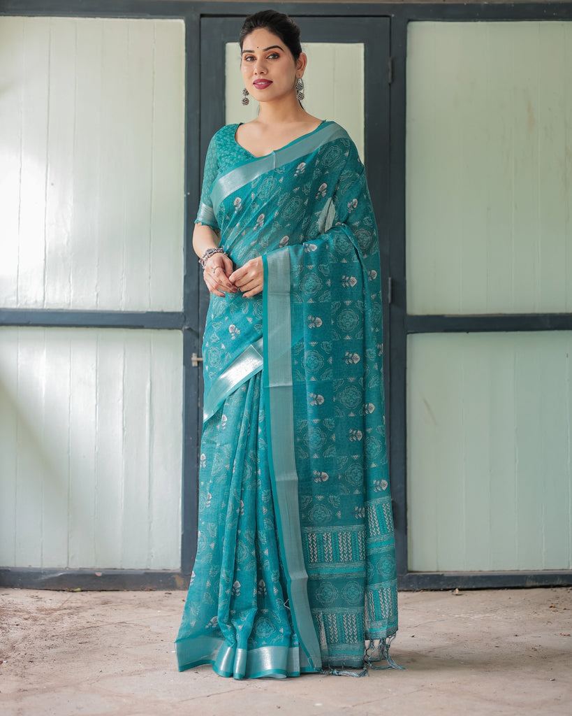 Teal Green Pure Cotton Linen Saree with Silver Floral Motifs and Tassels LINEN