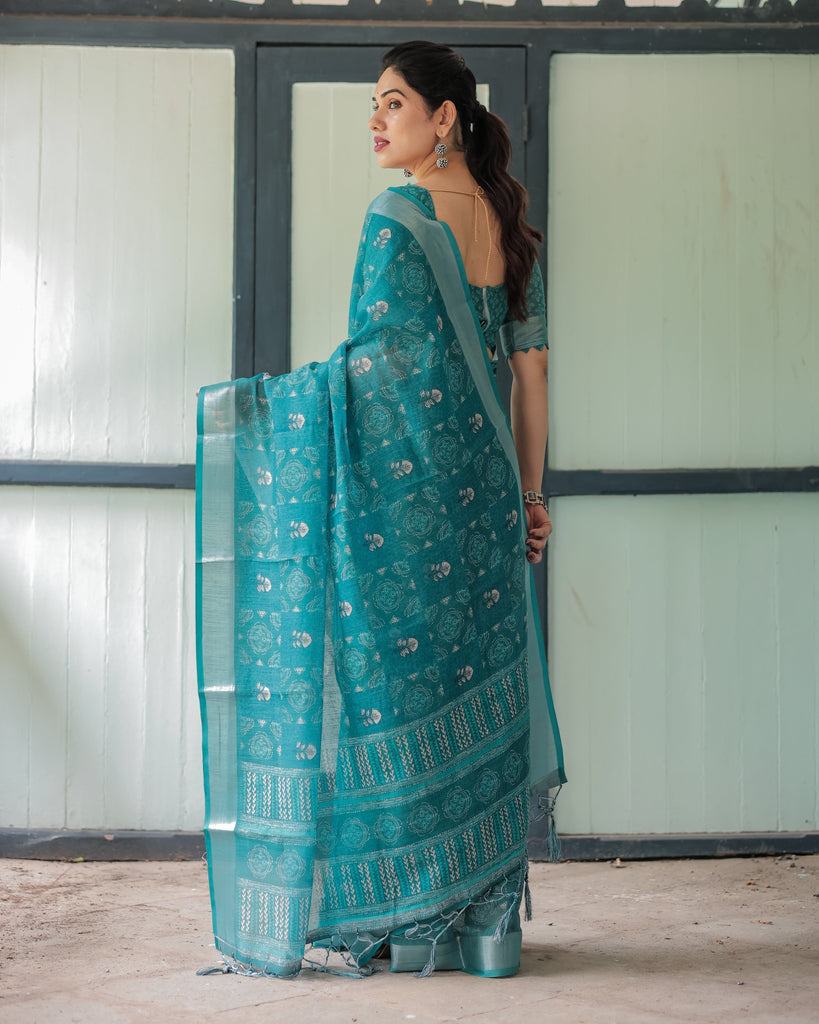 Teal Green Pure Cotton Linen Saree with Silver Floral Motifs and Tassels LINEN
