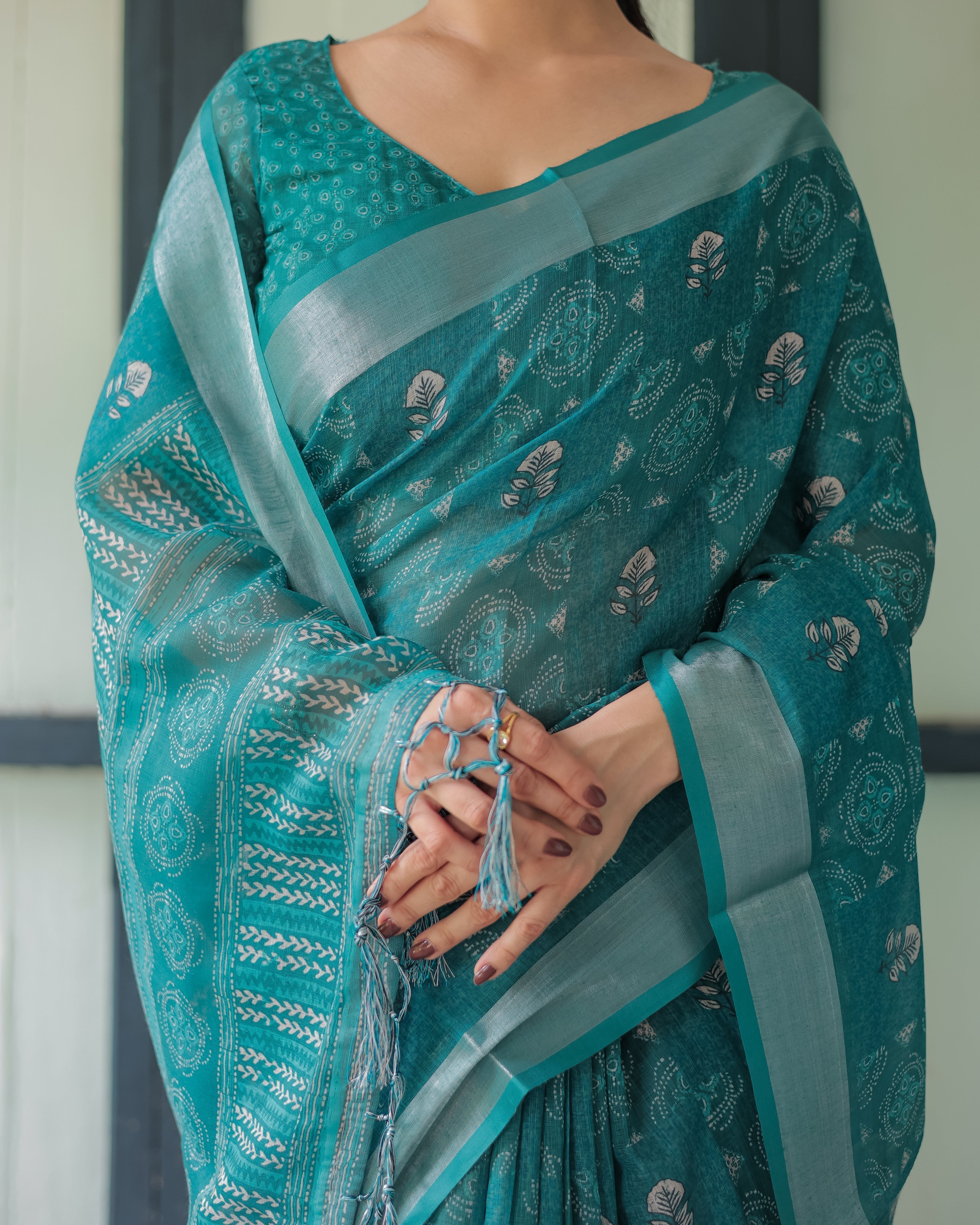 Teal Green Pure Cotton Linen Saree with Silver Floral Motifs and Tassels LINEN