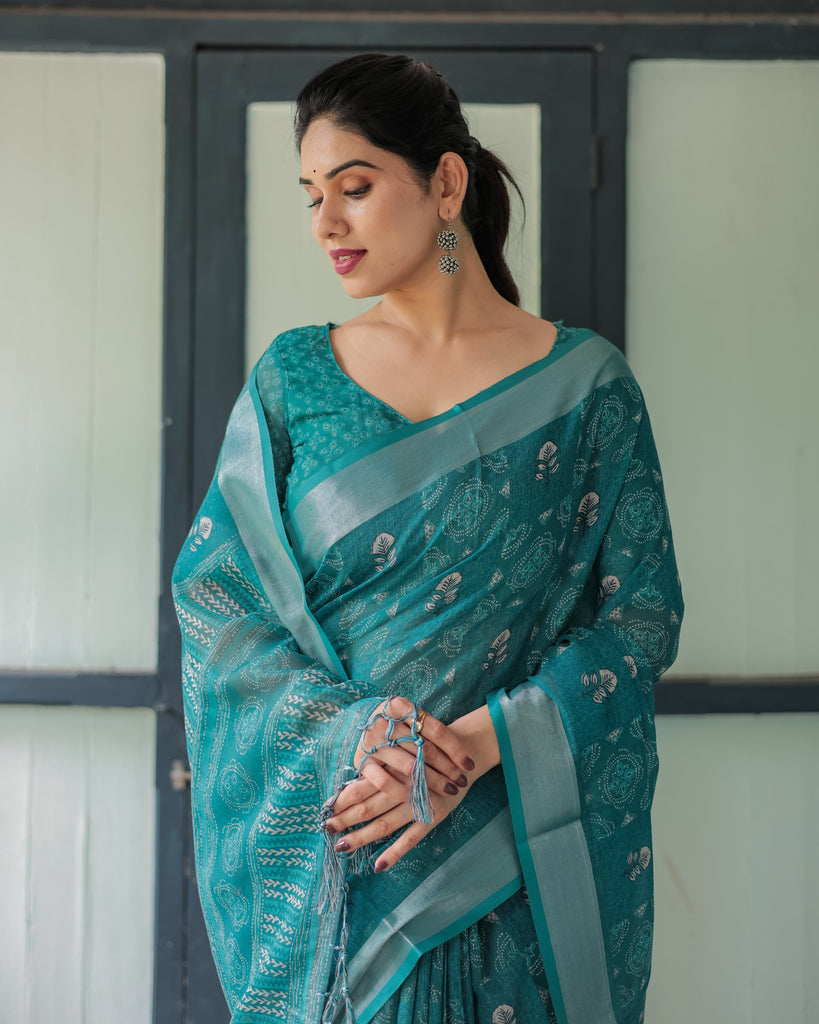 Teal Green Pure Cotton Linen Saree with Silver Floral Motifs and Tassels LINEN