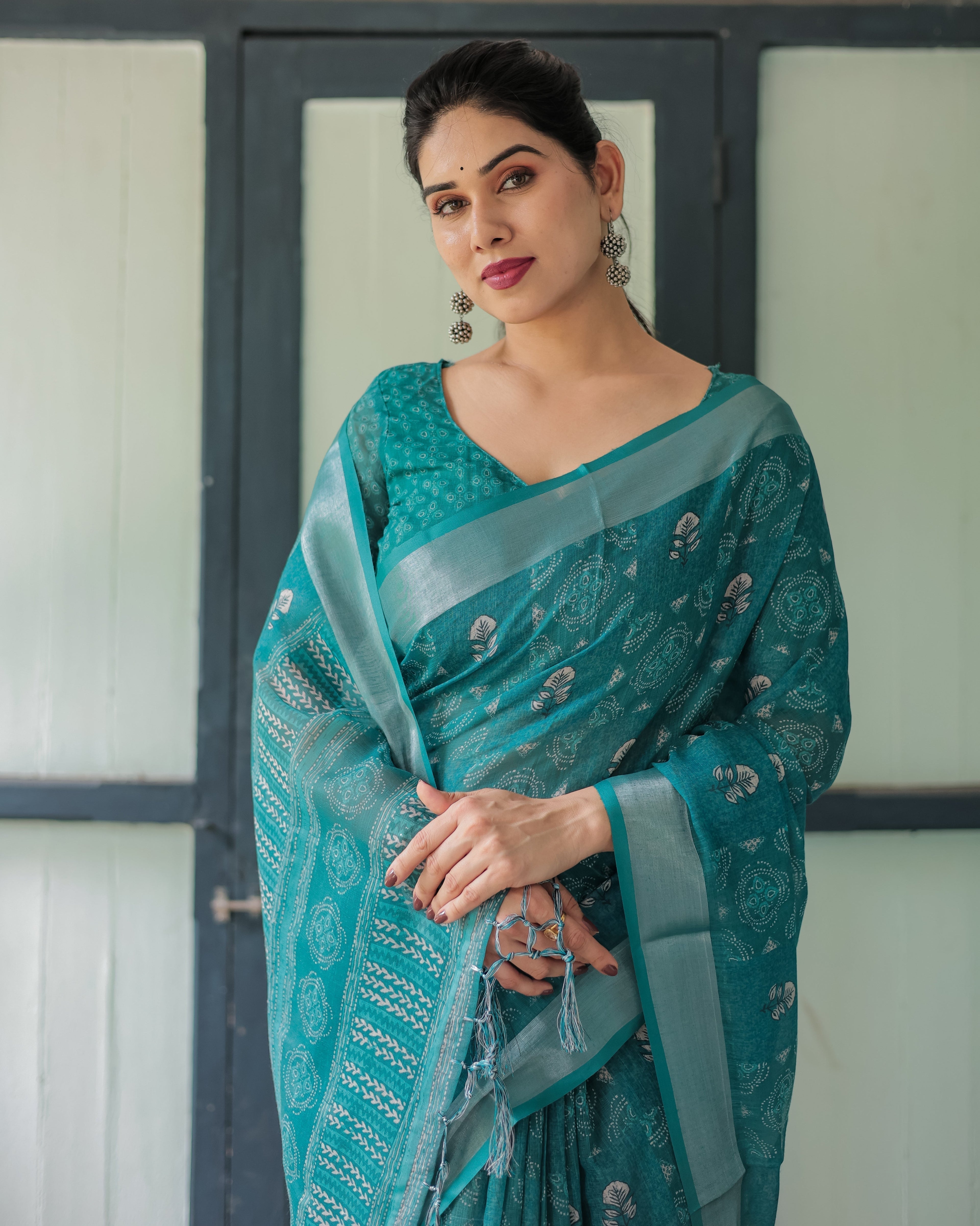 Teal Green Pure Cotton Linen Saree with Silver Floral Motifs and Tassels LINEN
