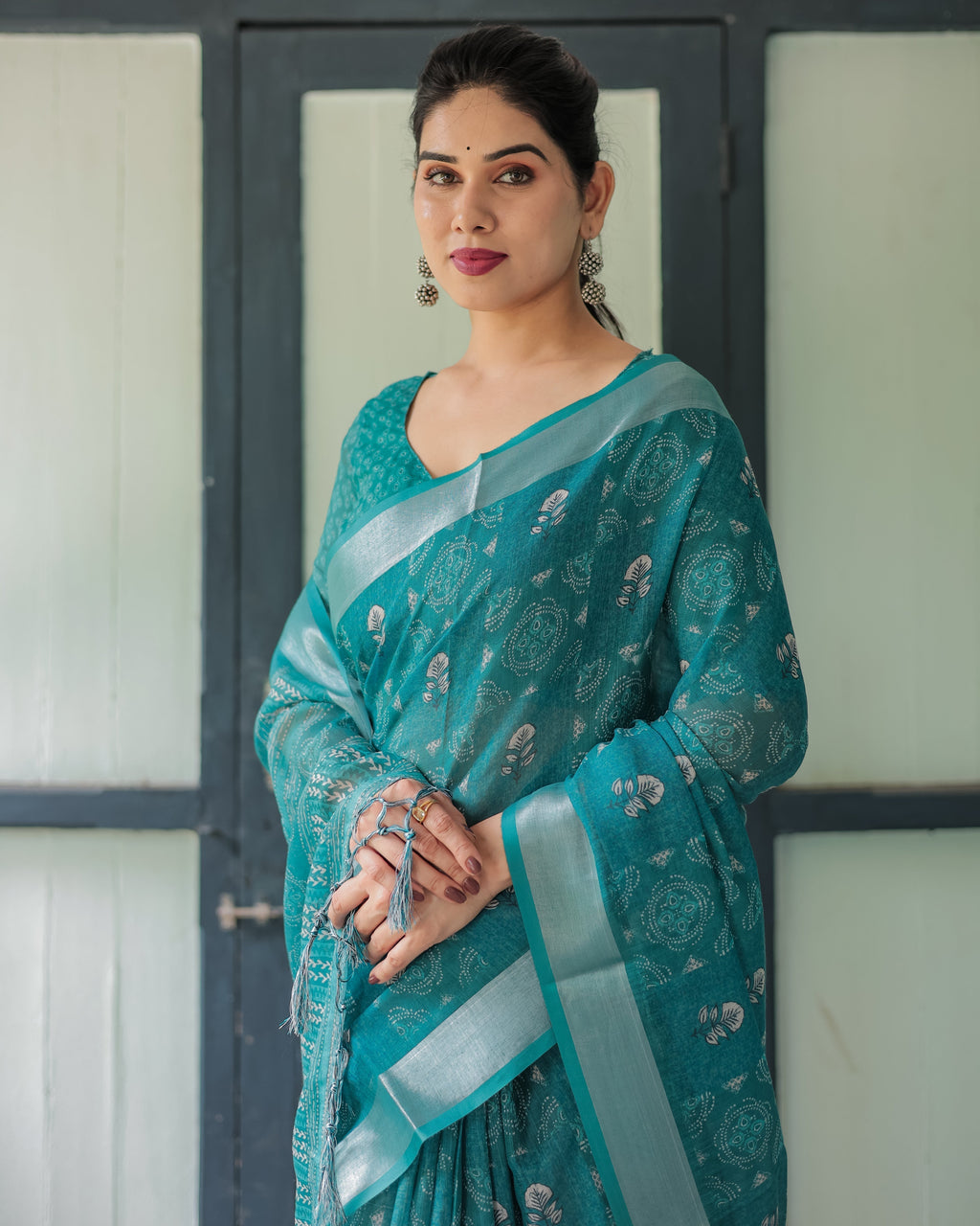 Teal Green Pure Cotton Linen Saree with Silver Floral Motifs and Tassels LINEN