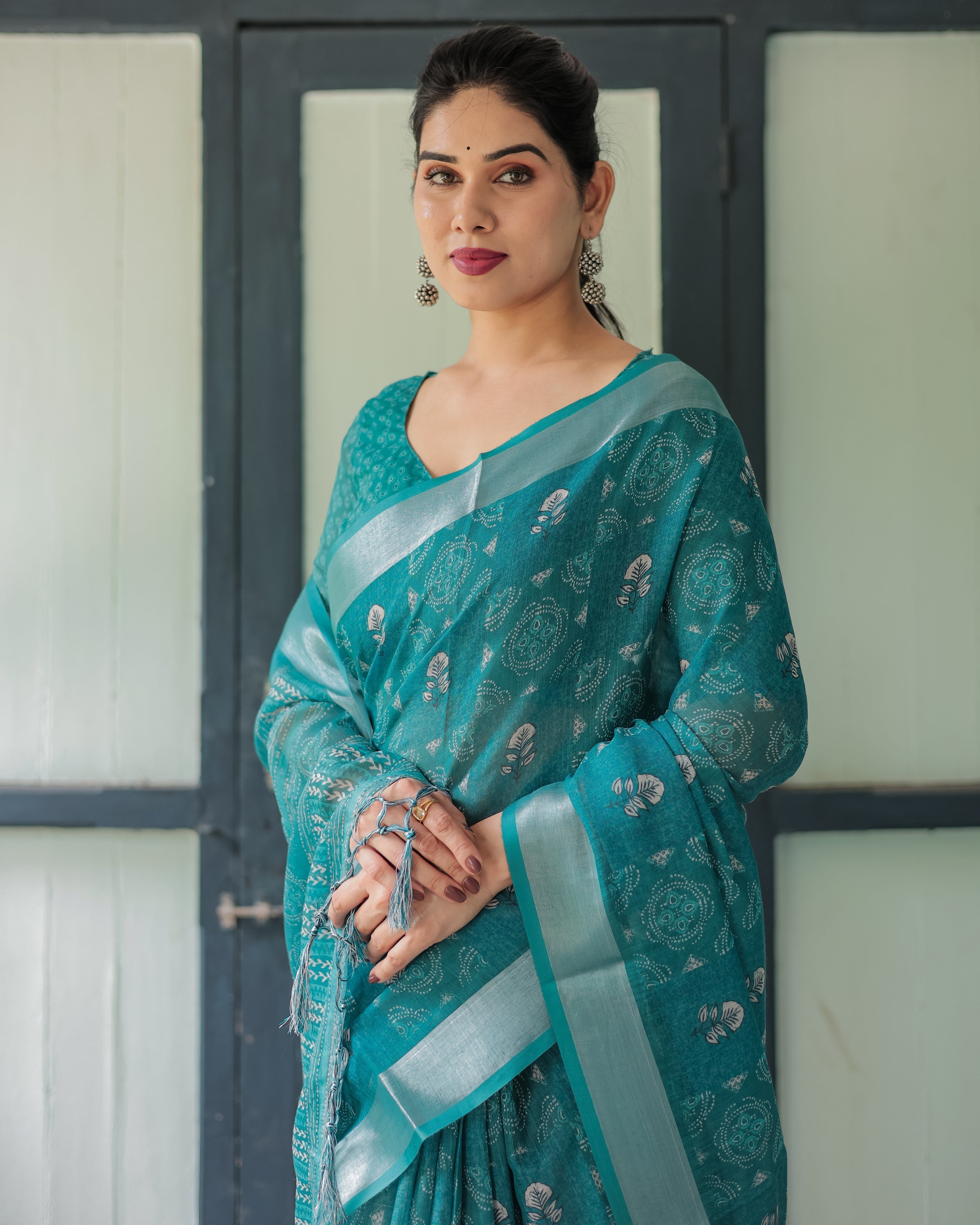 Teal Green Pure Cotton Linen Saree with Silver Floral Motifs and Tassels LINEN