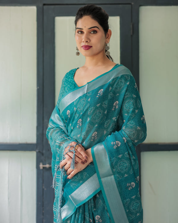 Teal Green Pure Cotton Linen Saree with Silver Floral Motifs and Tassels LINEN