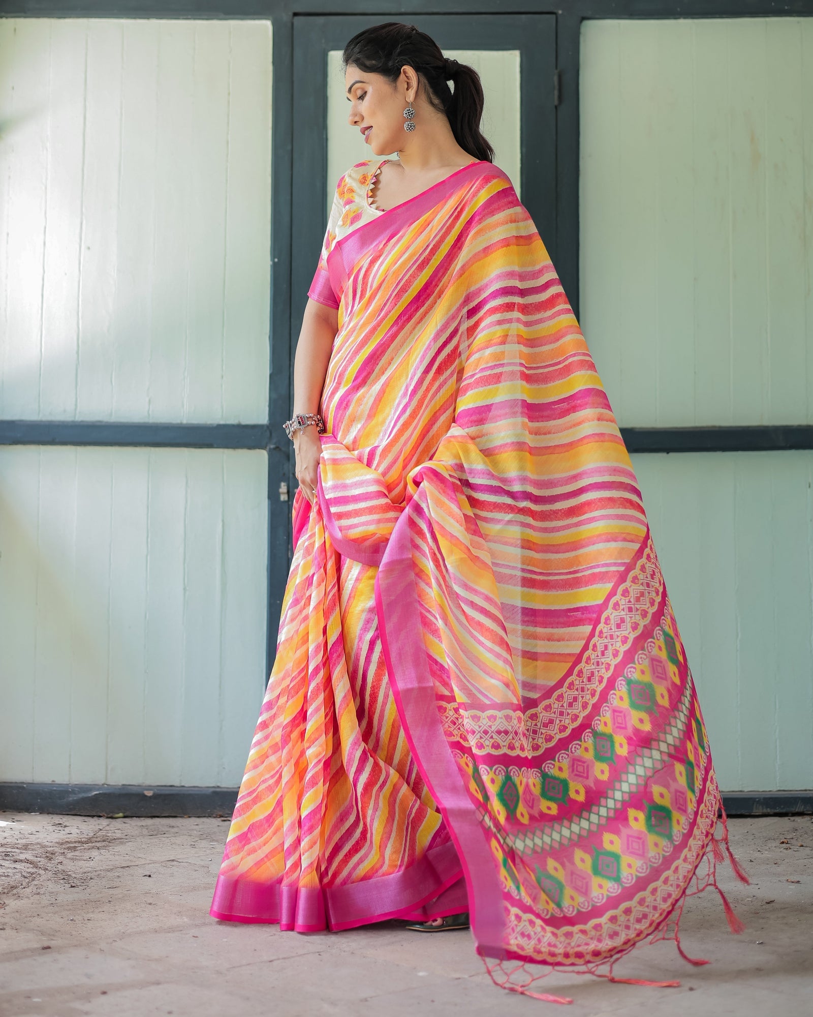 Vibrant Yellow and Pink Ikat Printed Cotton Linen Saree with Blouse and Tassels LINEN