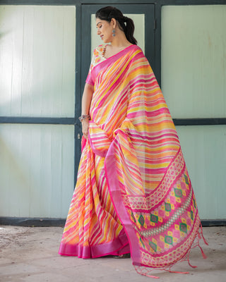 Vibrant Yellow and Pink Ikat Printed Cotton Linen Saree with Blouse and Tassels LINEN