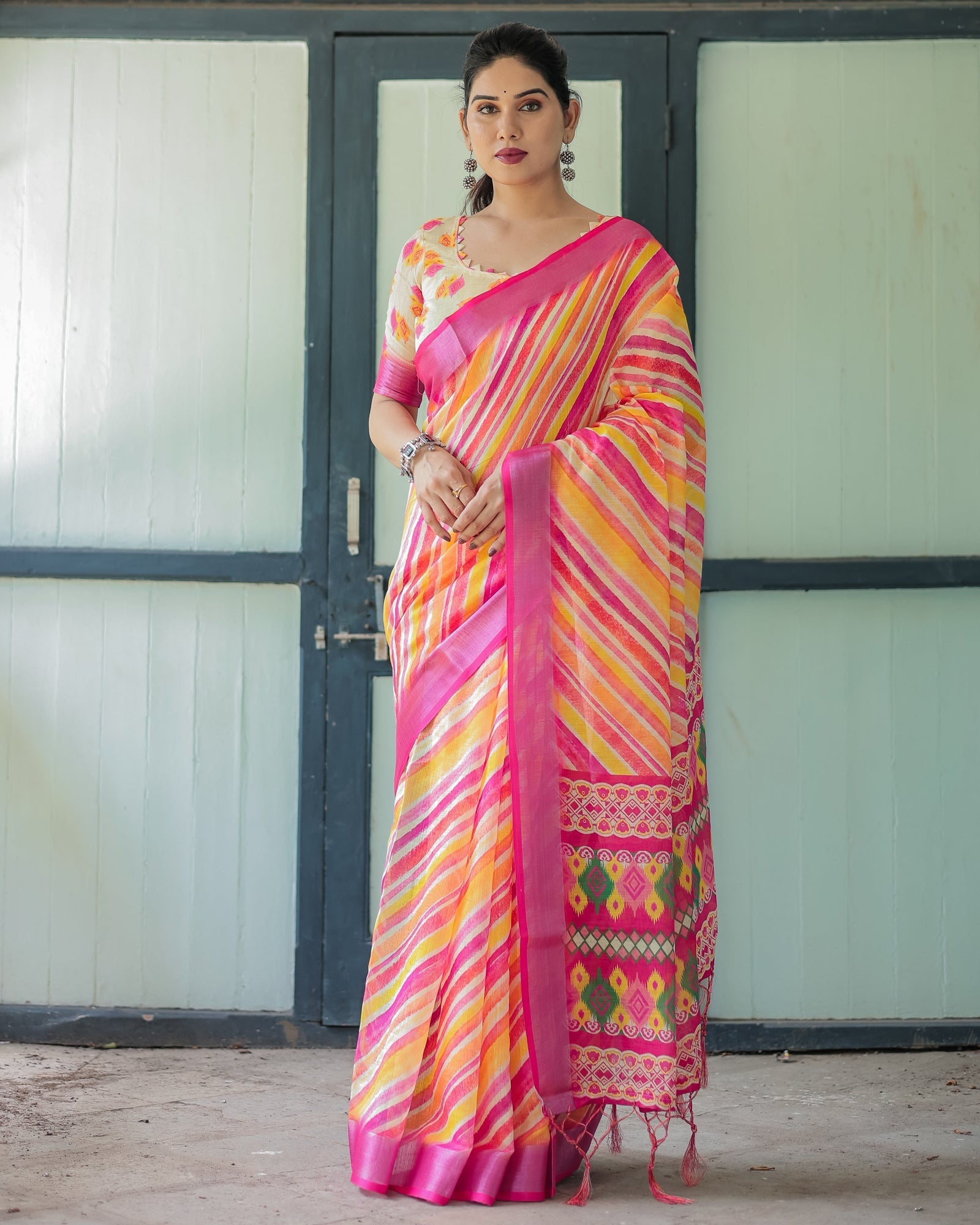Vibrant Yellow and Pink Ikat Printed Cotton Linen Saree with Blouse and Tassels LINEN