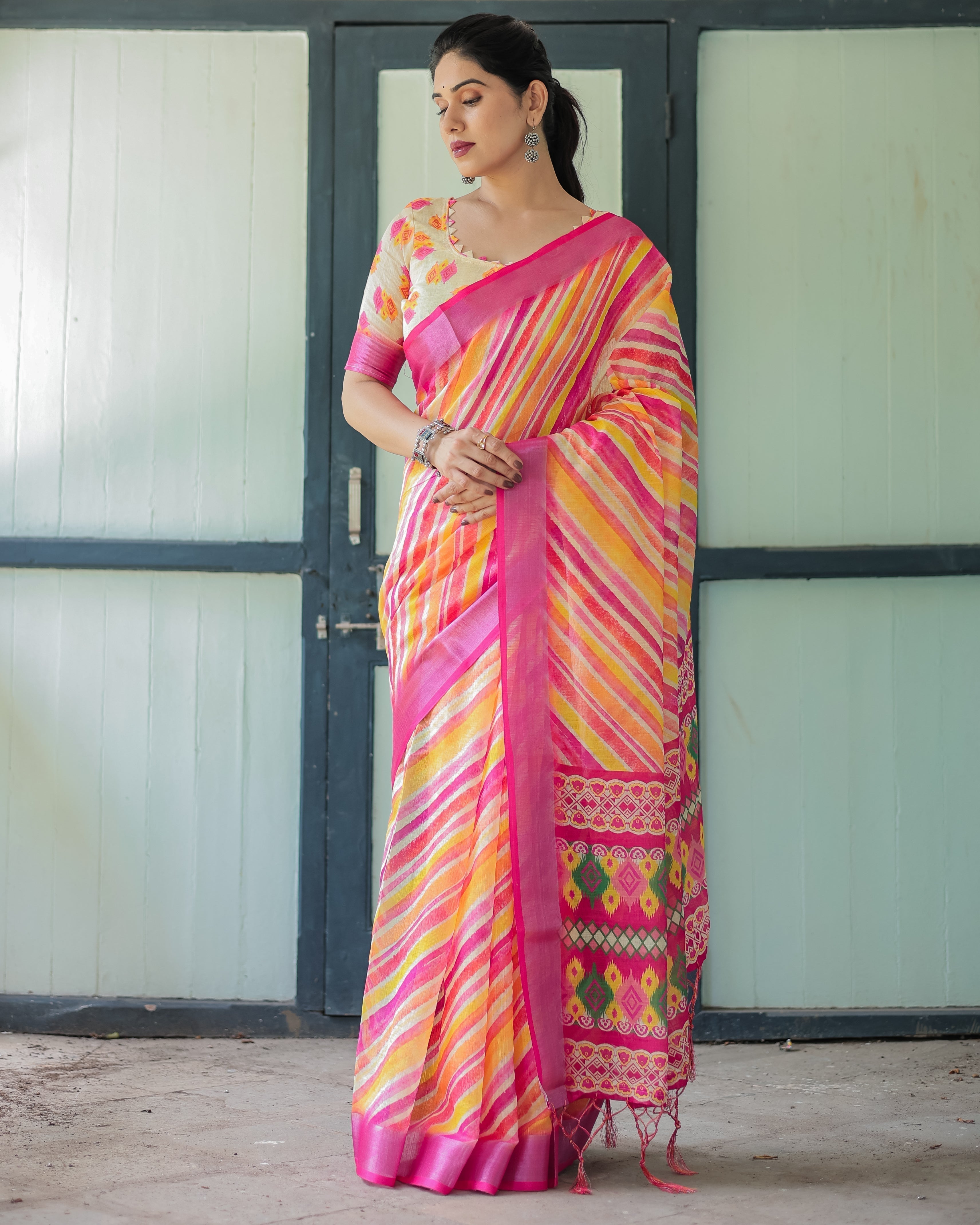 Vibrant Yellow and Pink Ikat Printed Cotton Linen Saree with Blouse and Tassels Secondary image