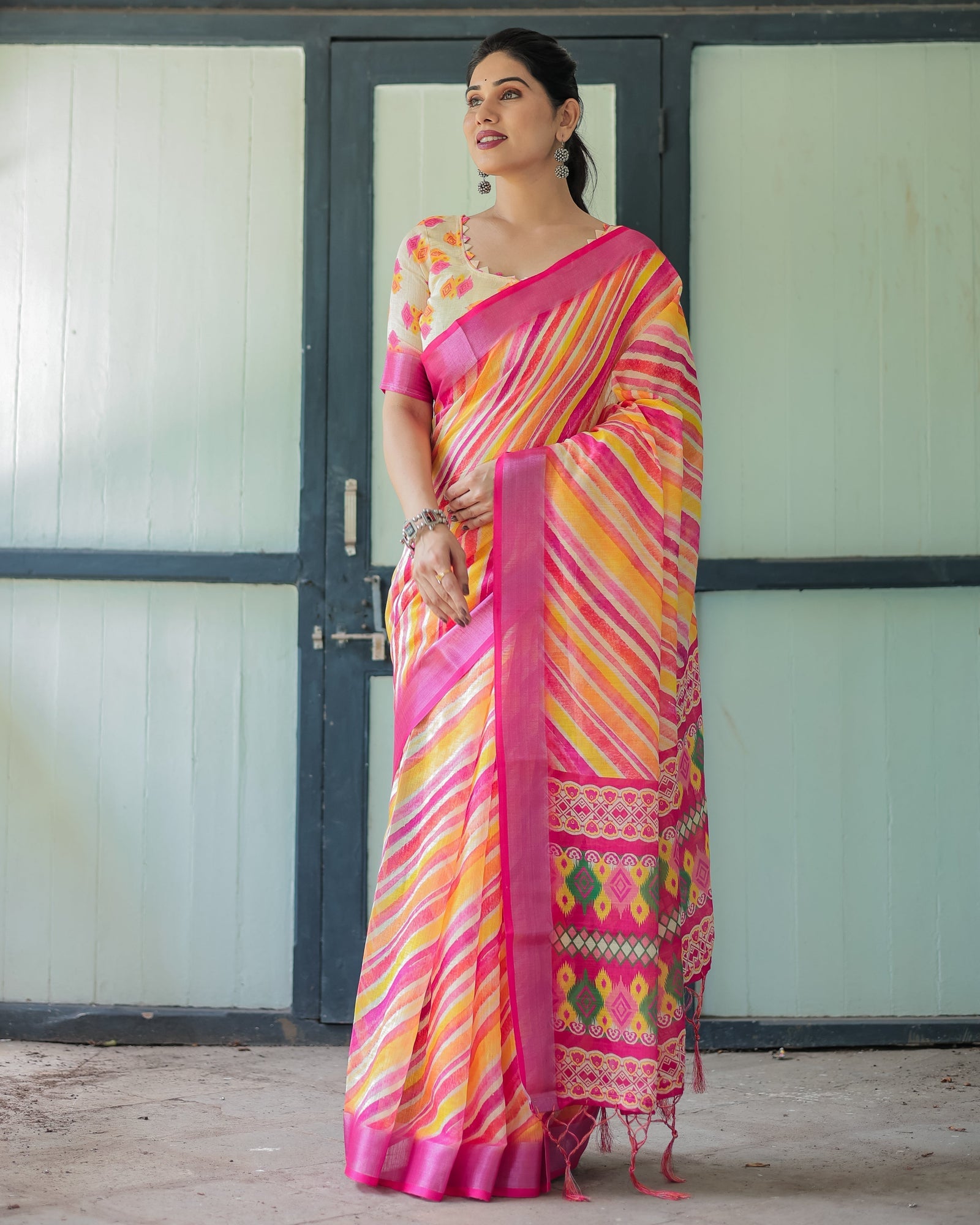 Vibrant Yellow and Pink Ikat Printed Cotton Linen Saree with Blouse and Tassels LINEN
