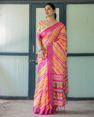 Vibrant Yellow and Pink Ikat Printed Cotton Linen Saree with Blouse and Tassels LINEN