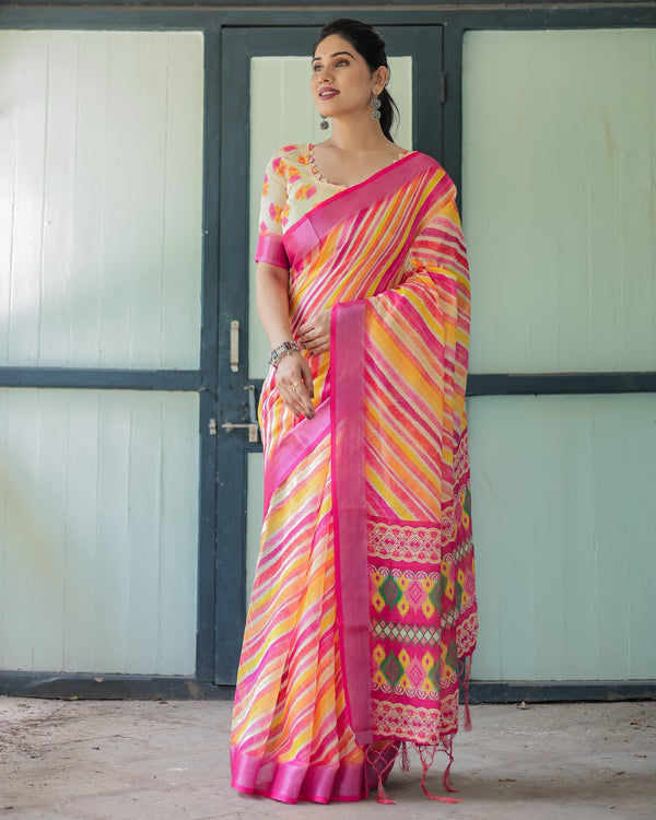 Vibrant Yellow and Pink Ikat Printed Cotton Linen Saree with Blouse and Tassels LINEN
