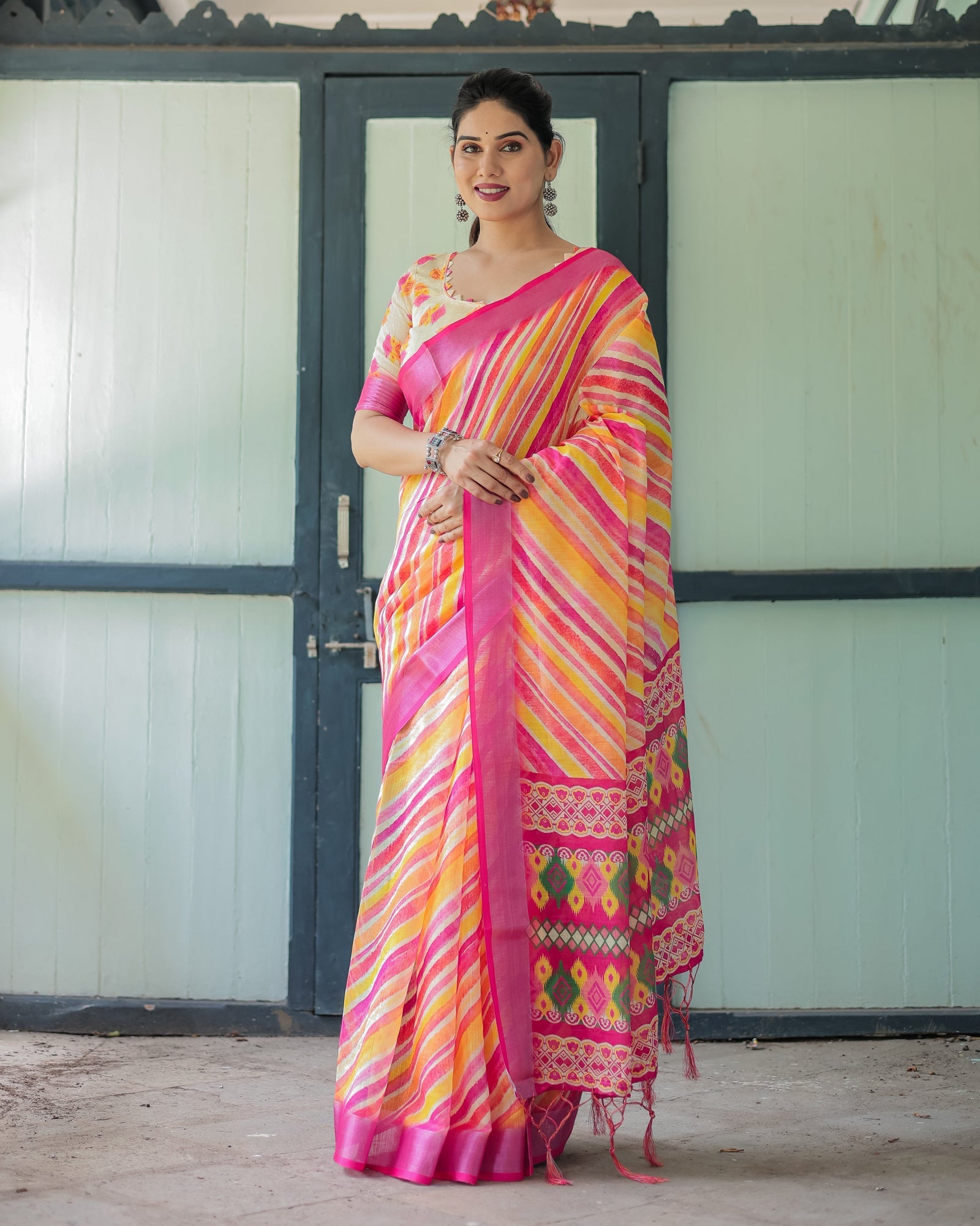Vibrant Yellow and Pink Ikat Printed Cotton Linen Saree with Blouse and Tassels LINEN