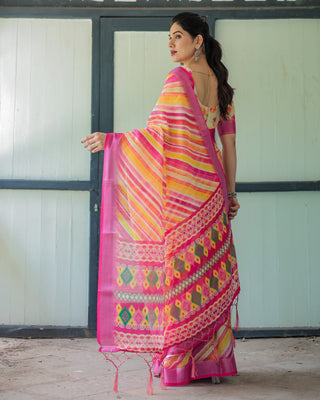 Vibrant Yellow and Pink Ikat Printed Cotton Linen Saree with Blouse and Tassels LINEN