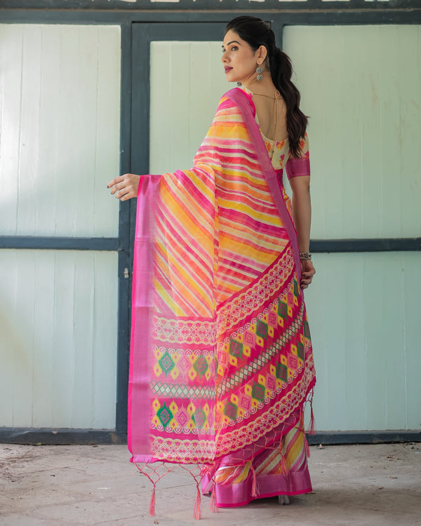 Vibrant Yellow and Pink Ikat Printed Cotton Linen Saree with Blouse and Tassels LINEN