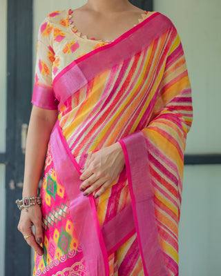 Vibrant Yellow and Pink Ikat Printed Cotton Linen Saree with Blouse and Tassels LINEN