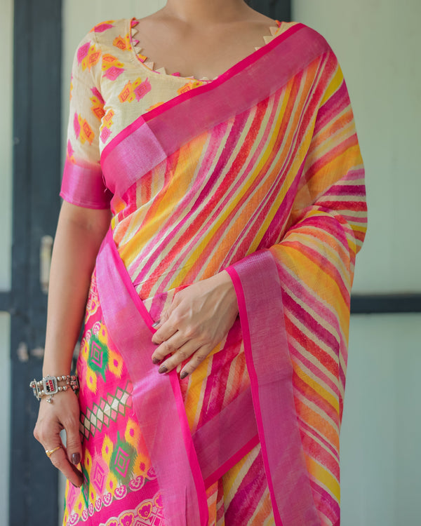 Vibrant Yellow and Pink Ikat Printed Cotton Linen Saree with Blouse and Tassels LINEN