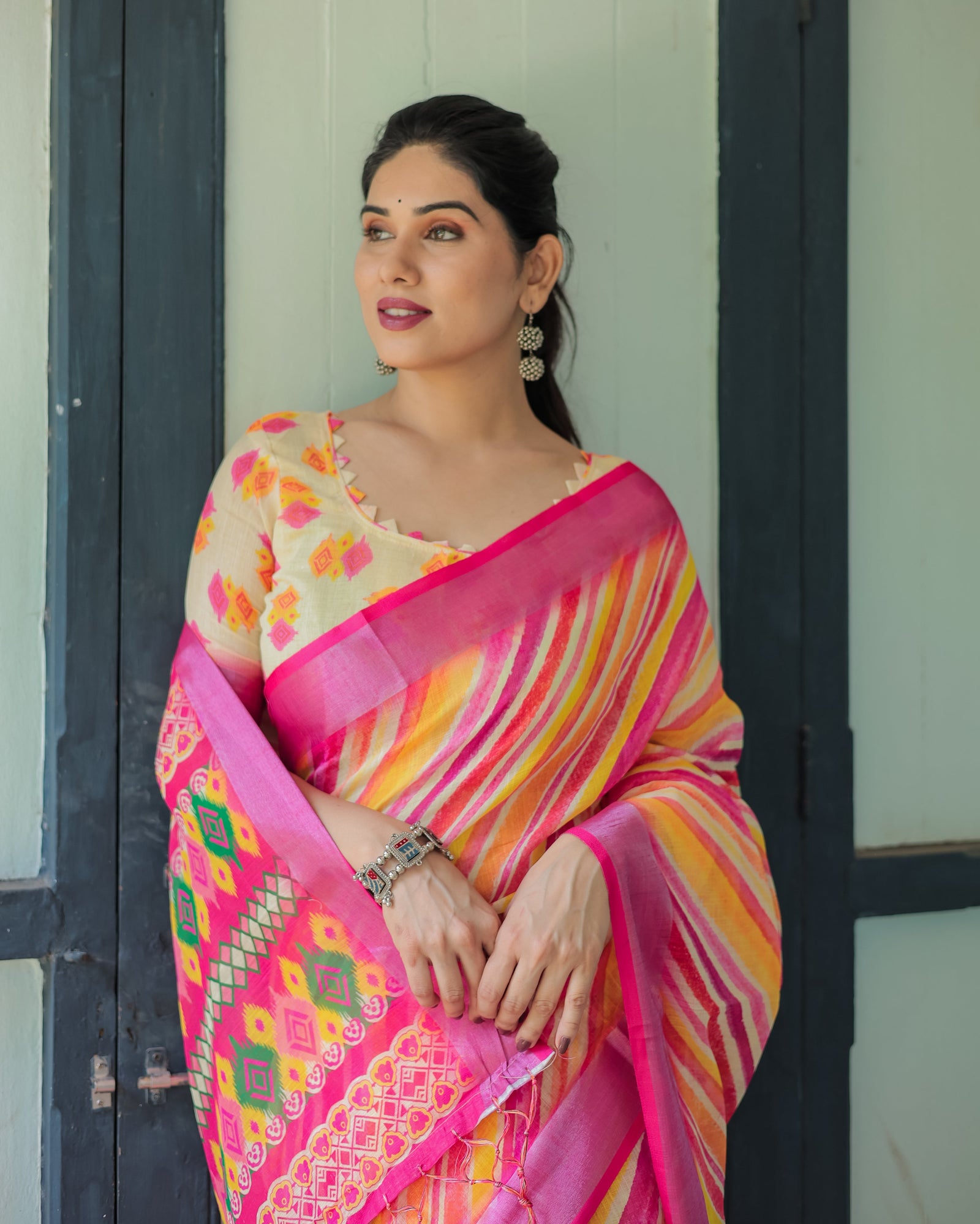 Vibrant Yellow and Pink Ikat Printed Cotton Linen Saree with Blouse and Tassels LINEN