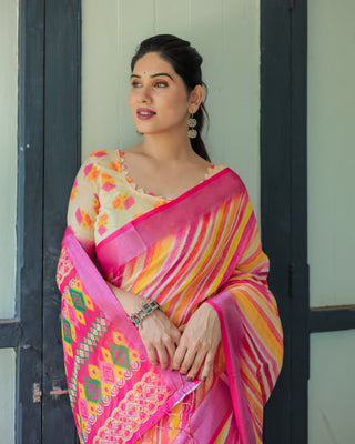 Vibrant Yellow and Pink Ikat Printed Cotton Linen Saree with Blouse and Tassels LINEN
