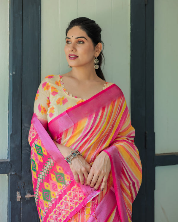 Vibrant Yellow and Pink Ikat Printed Cotton Linen Saree with Blouse and Tassels LINEN