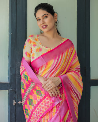 Vibrant Yellow and Pink Ikat Printed Cotton Linen Saree with Blouse and Tassels LINEN