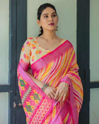 Vibrant Yellow and Pink Ikat Printed Cotton Linen Saree with Blouse and Tassels LINEN