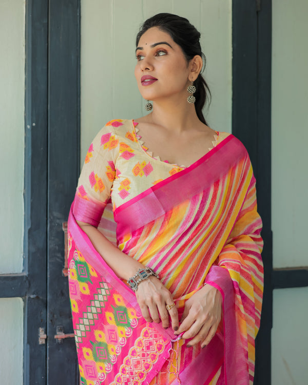 Vibrant Yellow and Pink Ikat Printed Cotton Linen Saree with Blouse and Tassels LINEN